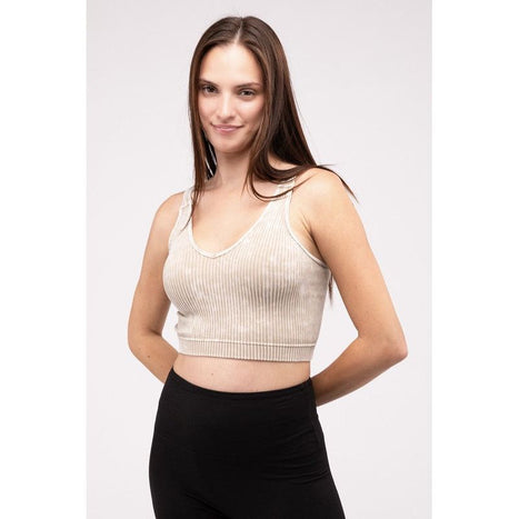 Washed Ribbed Cropped V-Neck Tank Top