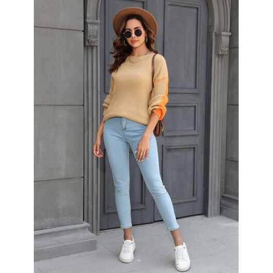 Contrast Round Neck Dropped Shoulder Sweater