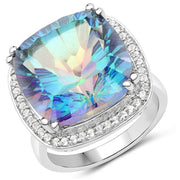 Bids.com 13.33 Carat Genuine Blue Rainbow Quartz and White Topaz .925 Sterling Silver Ring Rings
