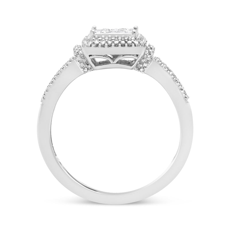 Bids.com .925 Sterling Silver 1/4 Cttw Princess-cut Diamond Composite Ring with Beaded Halo (H-I Color, SI1-SI2 Clarity) - Size 7 Rings