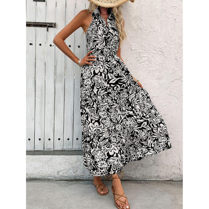 Backless Smocked Printed Sleeveless Midi Dress