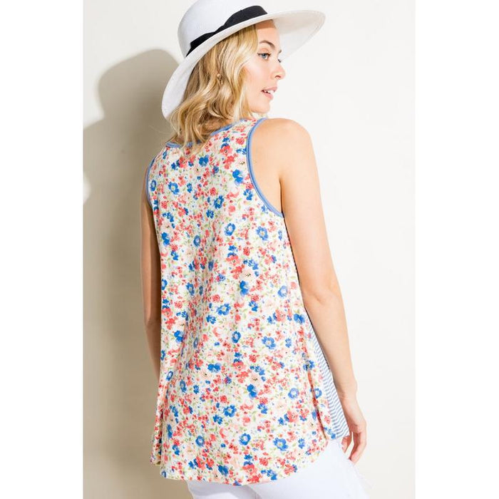 Plus Stripe Floral Pocket Tank Top