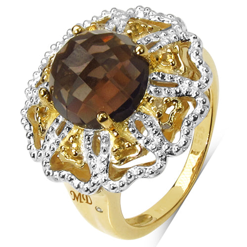 Bids.com 14K Yellow Gold Plated 3.23 Carat Genuine Smoky Quartz, Citrine & White Diamond .925 Sterling Silver Ring Rings