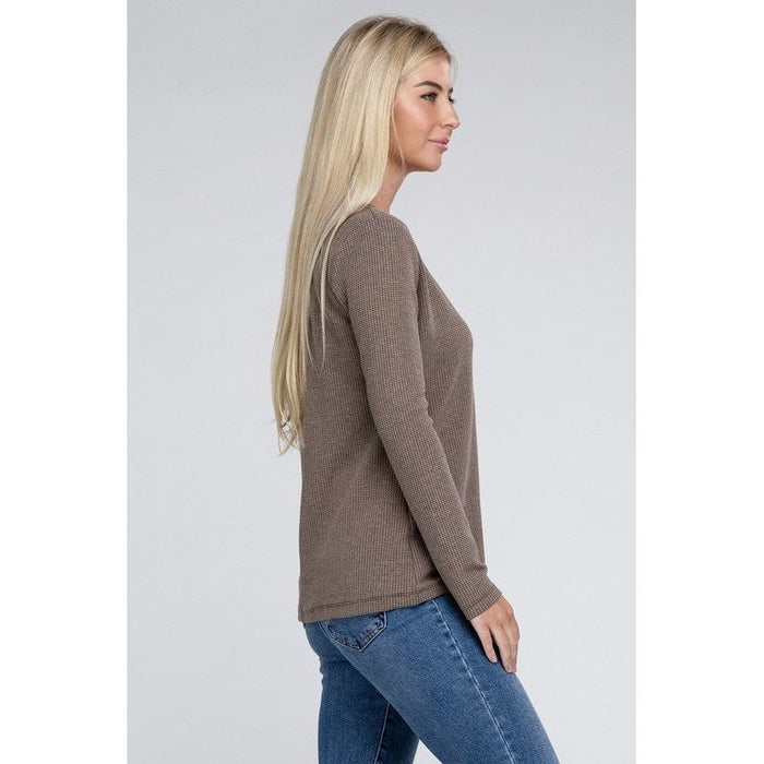 Melange Baby Waffle V-Neck Long Sleeve Top