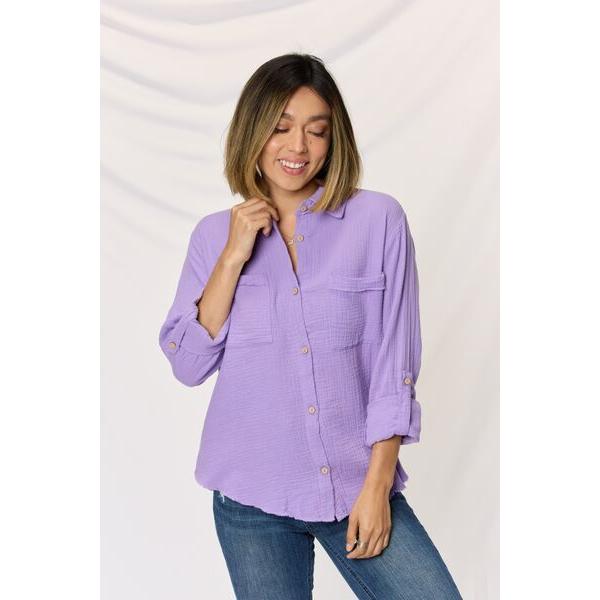 Zenana Texture Button Up Raw Hem Long Sleeve Shirt