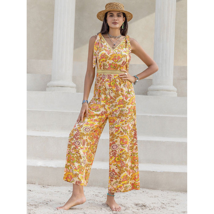 Printed V-Neck Tie Shoulder Jumpsuit