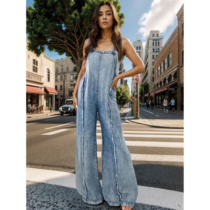 Adjustable Strap Wide Leg Denim Overalls