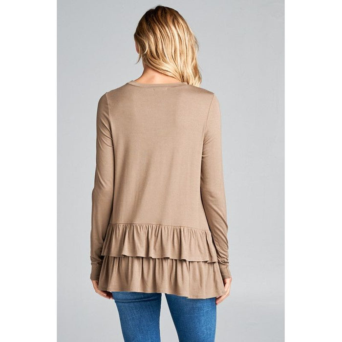 RUFFLE BOTTOM LONG SLEEVE ROUND NECK TUNIC TOP