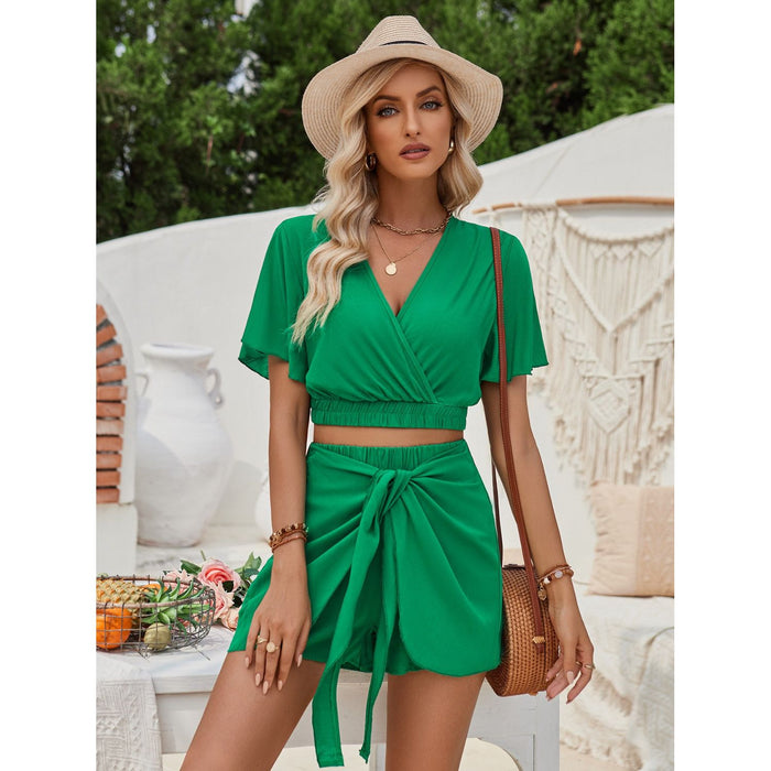 Surplice Flutter Sleeve Top and Tied Shorts Set