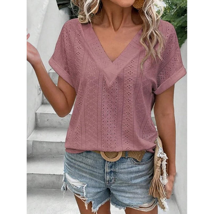 Eyelet V-Neck Short Sleeve Blouse