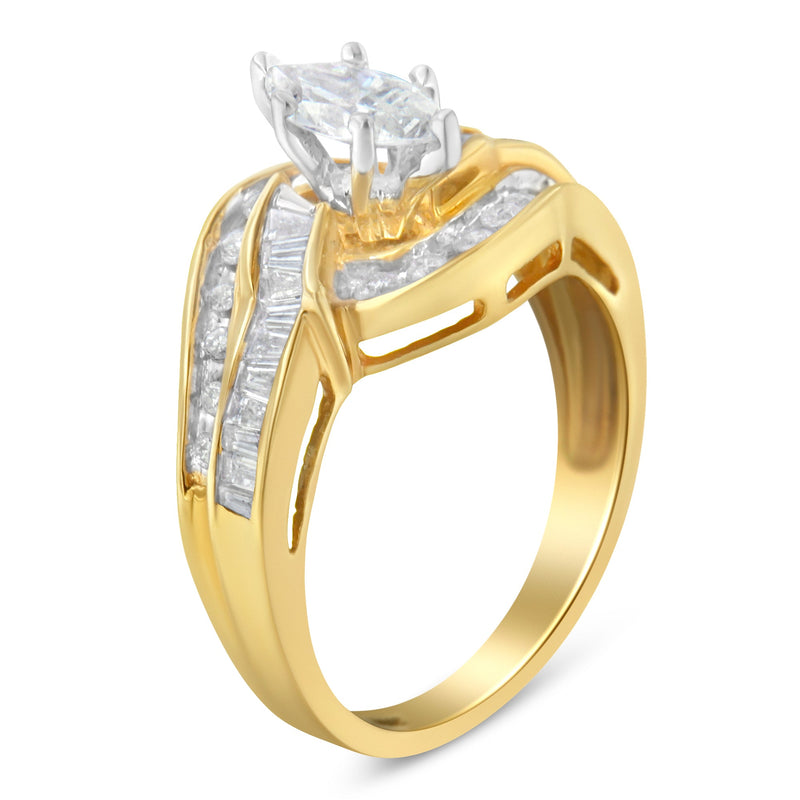 Bids.com 14KT Two-Toned Gold Marquise, Baguette and Round Cut Diamond Bypass Ring (1 cttw, H-I Color, SI1-SI2 Clarity) (Size 7) Rings