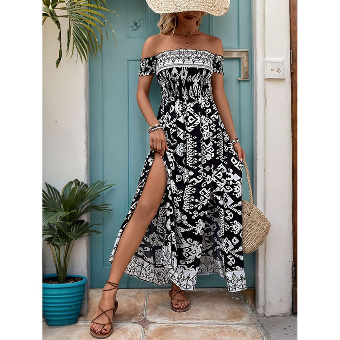 Slit Printed Off-Shoulder Dress