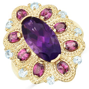 Bids.com 6.80 Carat Genuine Amethyst, Rhodolite and Blue Topaz .925 Sterling Silver Ring Rings