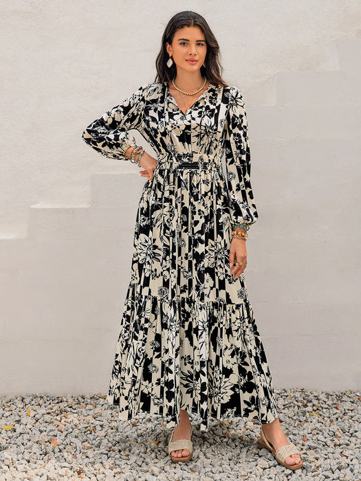 Printed Tie Neck Long Sleeve Dress