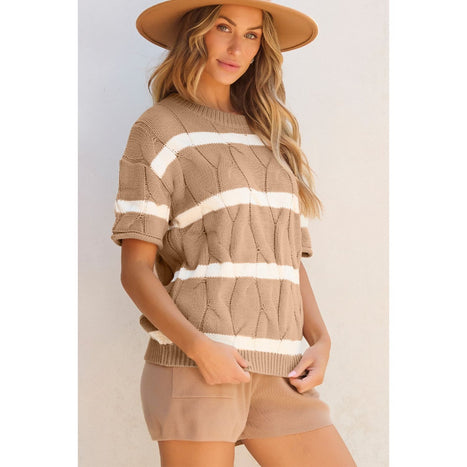 Striped Round Neck Short Sleeve Sweater