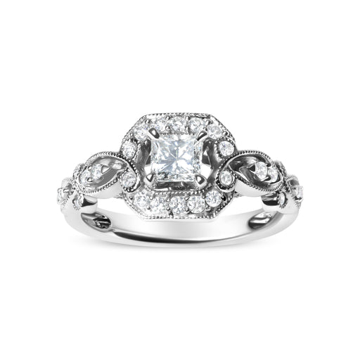 Bids.com 14K White Gold Diamond 3/4 Cttw Diamond Halo Style and Woven Shank Engagement Ring (G-H Color, VS2-SI1 Clarity) - Size 7 Rings