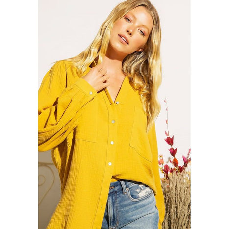 TEXTURED GAUZE BUTTON DOWN PUFF SLEEVES BLOUSE TOP