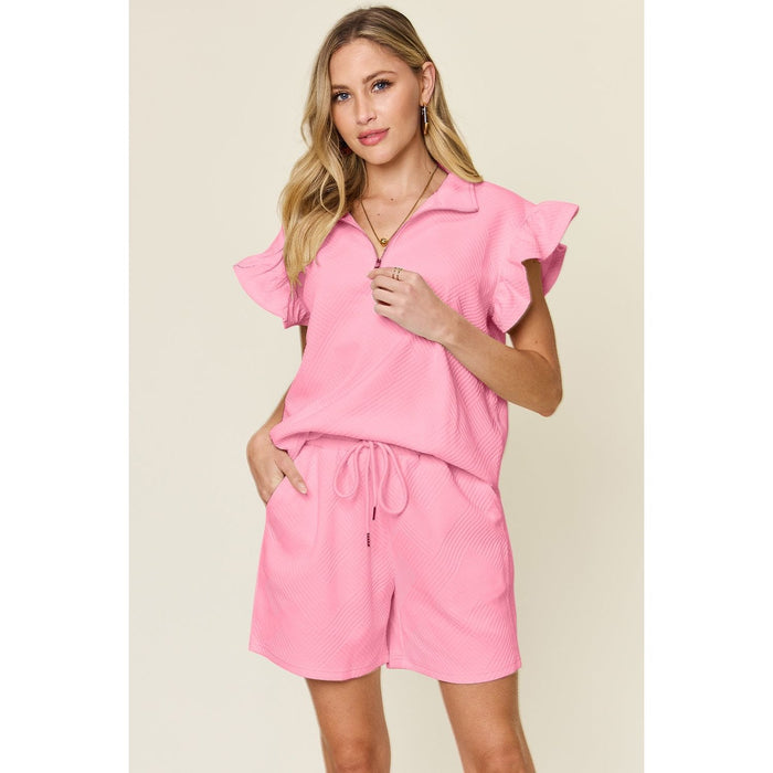 Texture Flounce Sleeve Top and Drawstring Shorts Set