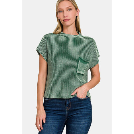 Washed Mock Neck Short Sleeve Cropped Sweater