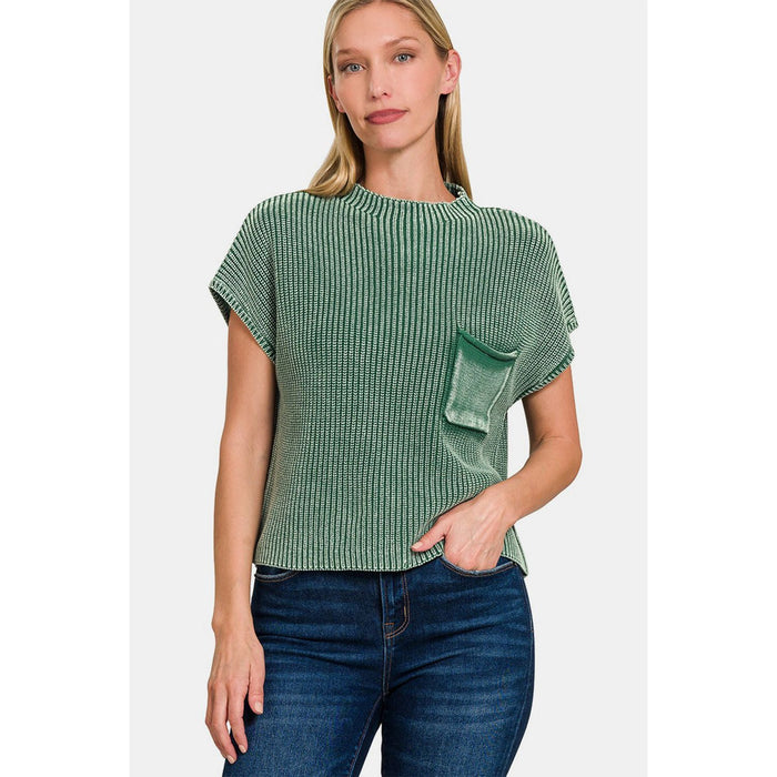 Washed Mock Neck Short Sleeve Cropped Sweater