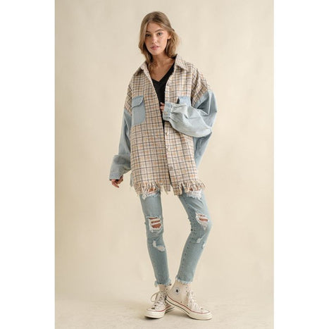 TWEED MIXED DENIM JACKET SHACKET WITH FRINGED HEM