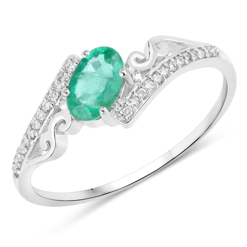 Bids.com 0.51 Carat Genuine Zambian Emerald and White Diamond 14K White Gold Ring Rings
