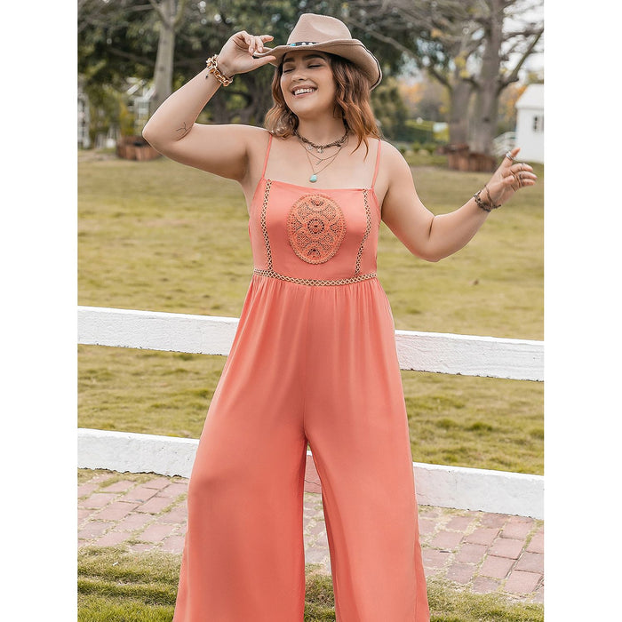 Plus Size Lace Detail Spaghetti Strap Wide Leg Jumpsuit