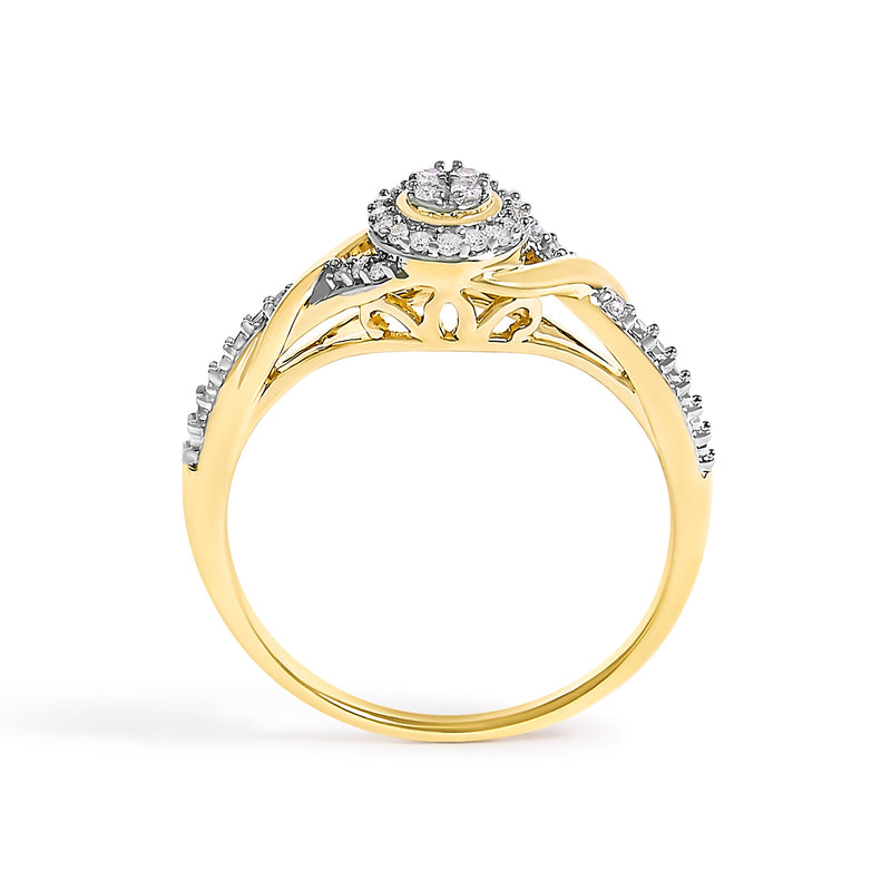 Bids.com 10K Yellow Gold 1/10 Cttw Diamond Swirl and Halo Promise Ring (I-J Color, I3 Clarity) - Size 7 Rings
