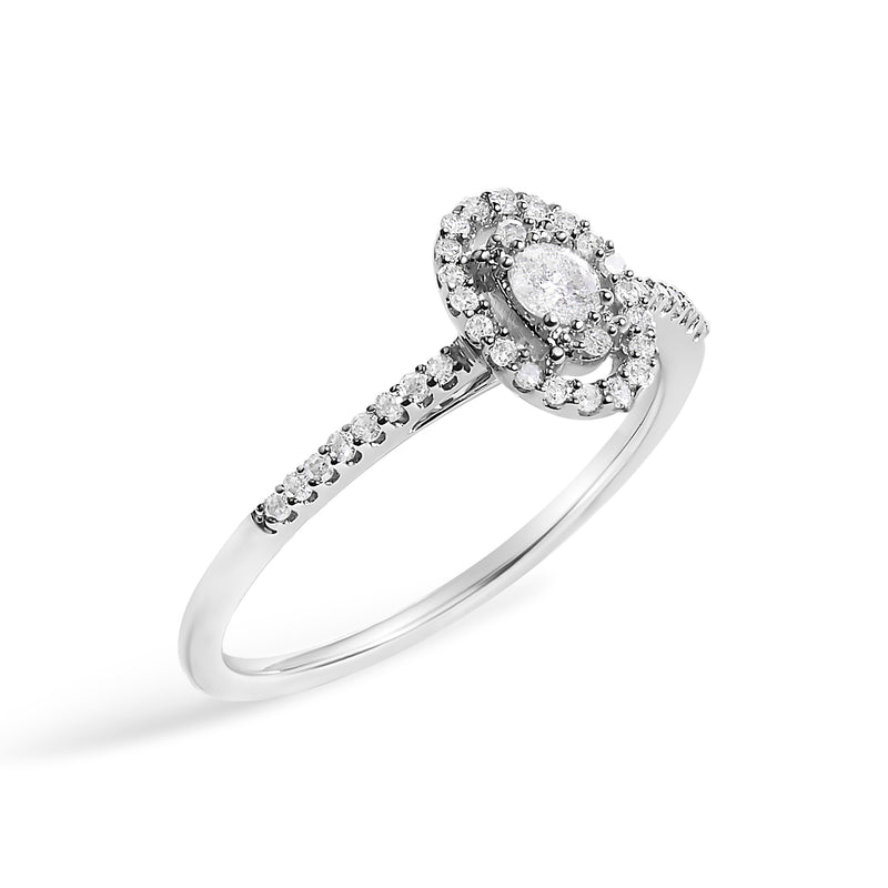 Bids.com 14K White Gold 1/5 Cttw Diamond Oval Shape With Halo Engagement Ring (H-I Color, I1-I2 Clarity) - Size 7 Rings