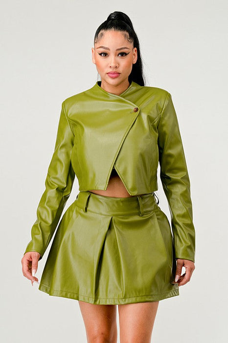 Button Up Pu Leather Jacket And Skirt Set