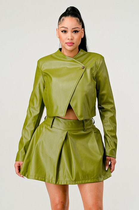 Button Up Pu Leather Jacket And Skirt Set