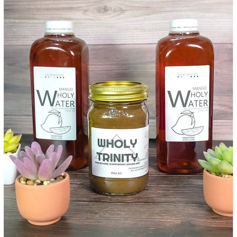 Nicko Kitchen Shop Wholy Bundle | Sea Moss Gel with Bladderwrack and Burdock + Soursop Detox Tea Bottles Vitamins & Supplements