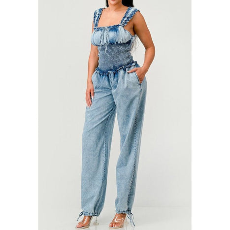 Chambray Charm Ruffled Jumpsuit