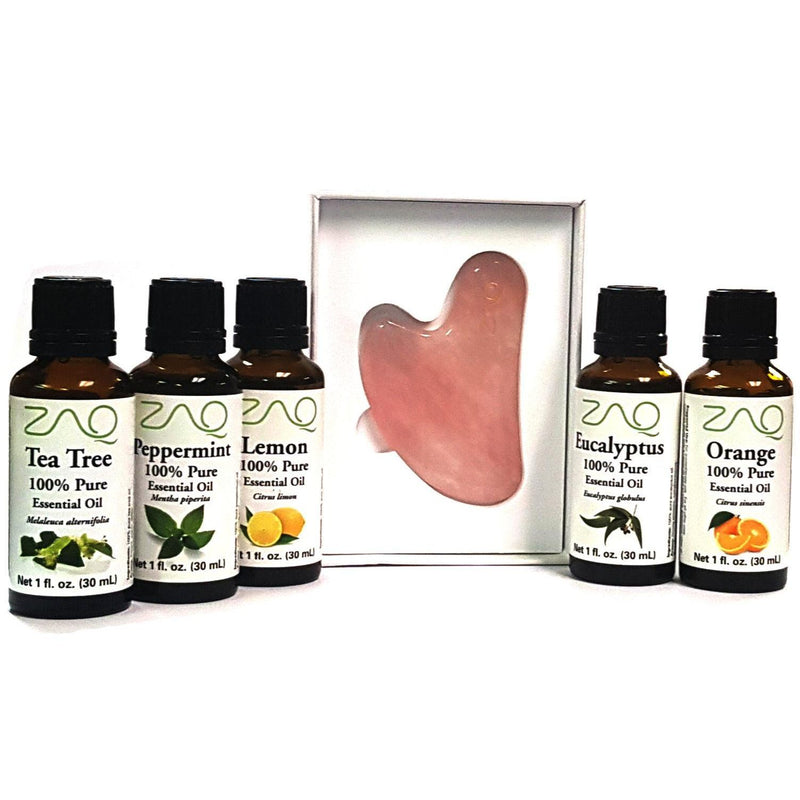 ZAQ Skin & Body 6PC SET - ROSE QUARTZ GUA SHA BOARD + 100 % Pure Essential Oils EUCALYPTUS, ORANGE, TEA TREE, PEPPERMINT, LEMON