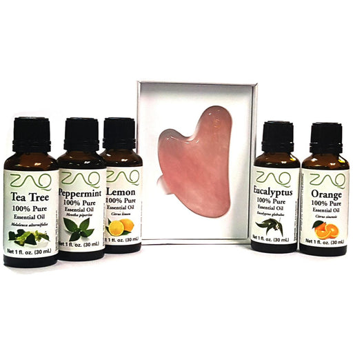 ZAQ Skin & Body - 6Pc Set - Rose Quartz Gua Sha Board + 100 % Pure Essential Oils Eucalyptus, Orange, Tea Tree, Peppermint, Lemon
