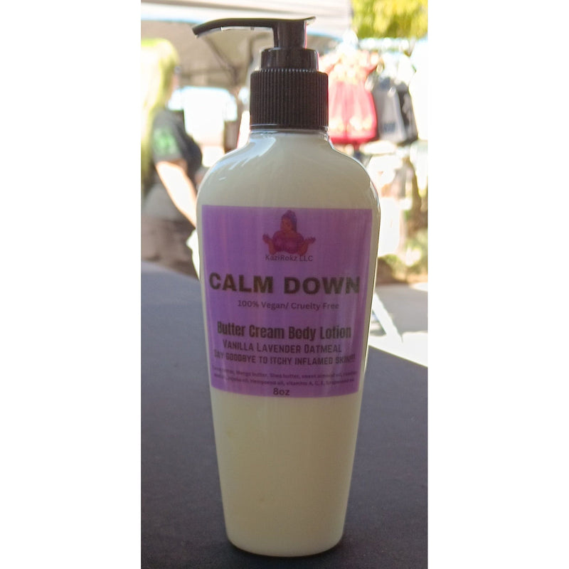 KaziRokz CALM DOWN Butter Cream Body Lotion! Vanilla Lavender Oatmeal soothing Eczema and Extreme dry skin moisturizer. 100% Vegan/ Cruelty Free, 8oz Pump Bottle. Skin Care