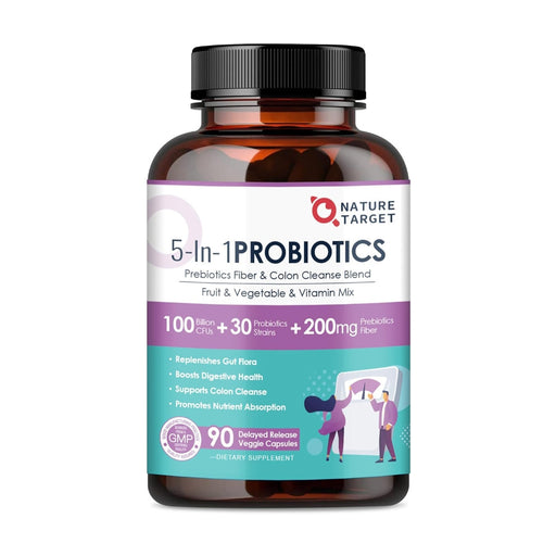 Nature Target 5-in-1 Digestive Health Probiotics, 100 Billion CFUs, 200mg, 90 Veggie Capsules Probiotic