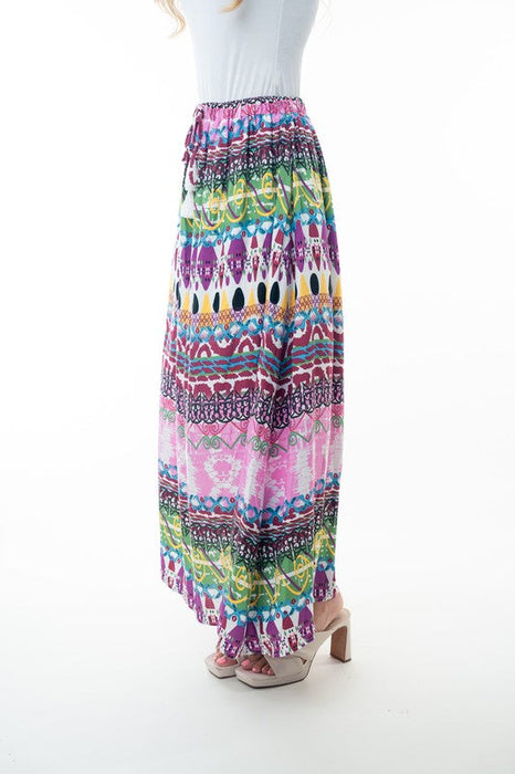 Printed Elastic Waist Band Long Skirt with Tassels in Pink Combo