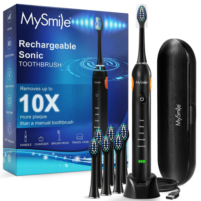 MySmile UC605 Elite Sonic Electric Toothbrush with 6 Brush Heads Electric Toothbrush White Smoke Black