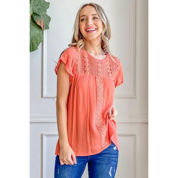 And The Why Lace Detail Ruffle Short Sleeve Blouse