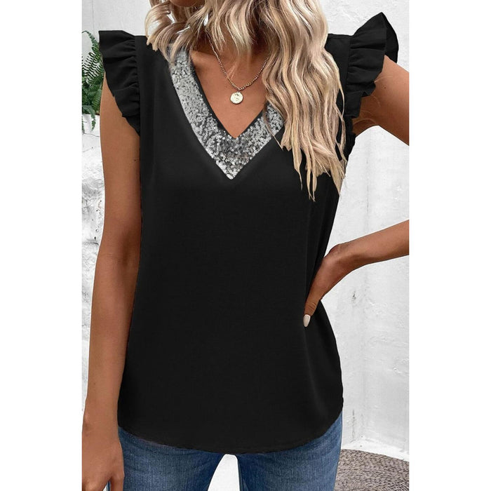 Sequin V-Neck Cap Sleeve Blouse