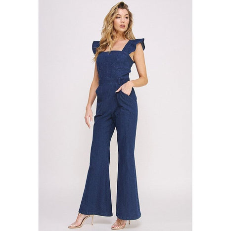 Denim Ruffle Flare Leg Jumpsuit