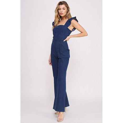 Denim Ruffle Flare Leg Jumpsuit