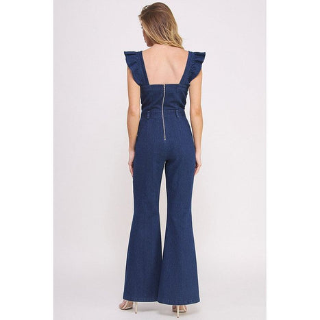 Denim Ruffle Flare Leg Jumpsuit