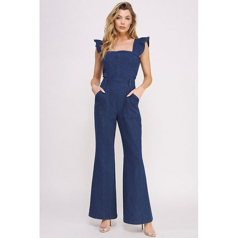 Denim Ruffle Flare Leg Jumpsuit