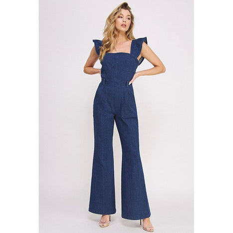 Denim Ruffle Flare Leg Jumpsuit