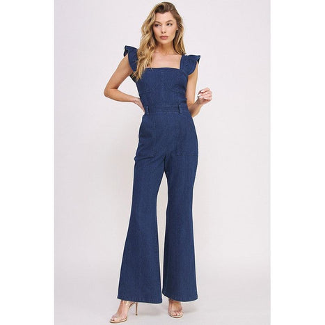 Denim Ruffle Flare Leg Jumpsuit