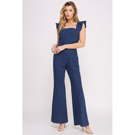 Denim Ruffle Flare Leg Jumpsuit