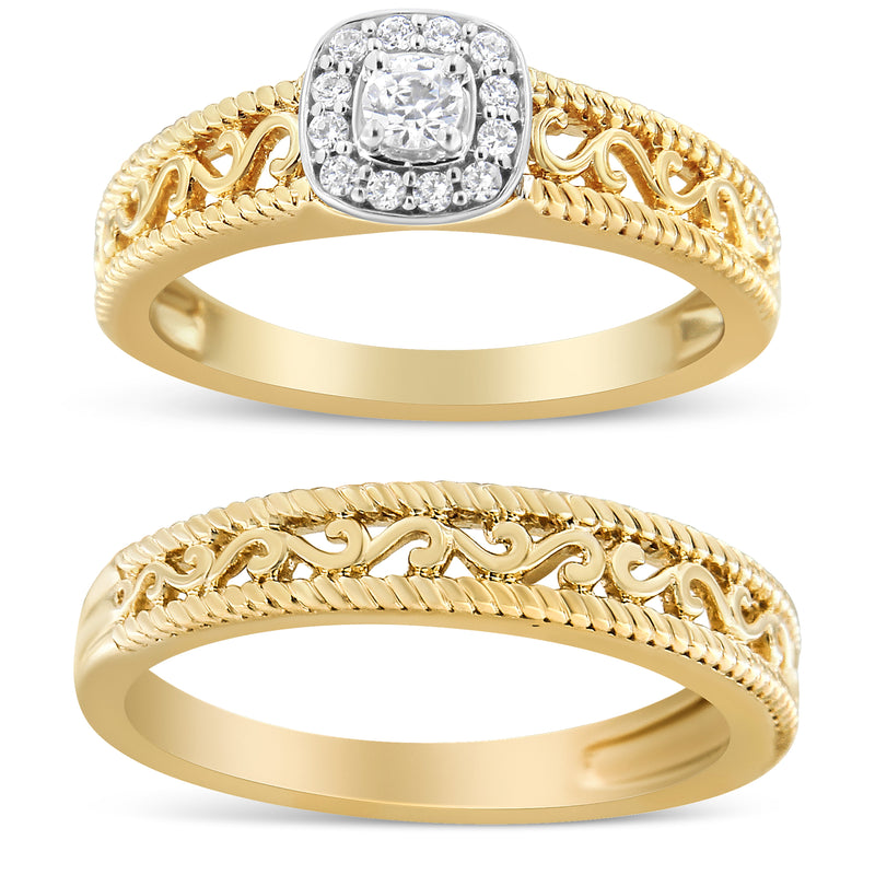 Bids.com 14K Yellow Gold Plated .925 Sterling Silver 1/5 Cttw Diamond Halo and Milgrain Finish Engagement Ring Bridal Set (I-J Color I3 Clarity) - Size 7 Rings