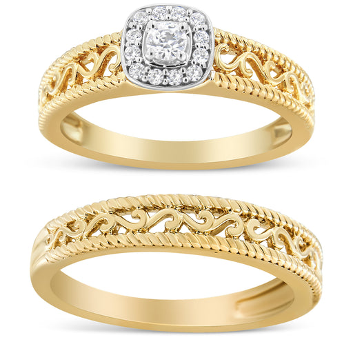 Bids.com 14K Yellow Gold Plated .925 Sterling Silver 1/5 Cttw Diamond Halo and Milgrain Finish Engagement Ring Bridal Set (I-J Color I3 Clarity) - Size 7 Rings